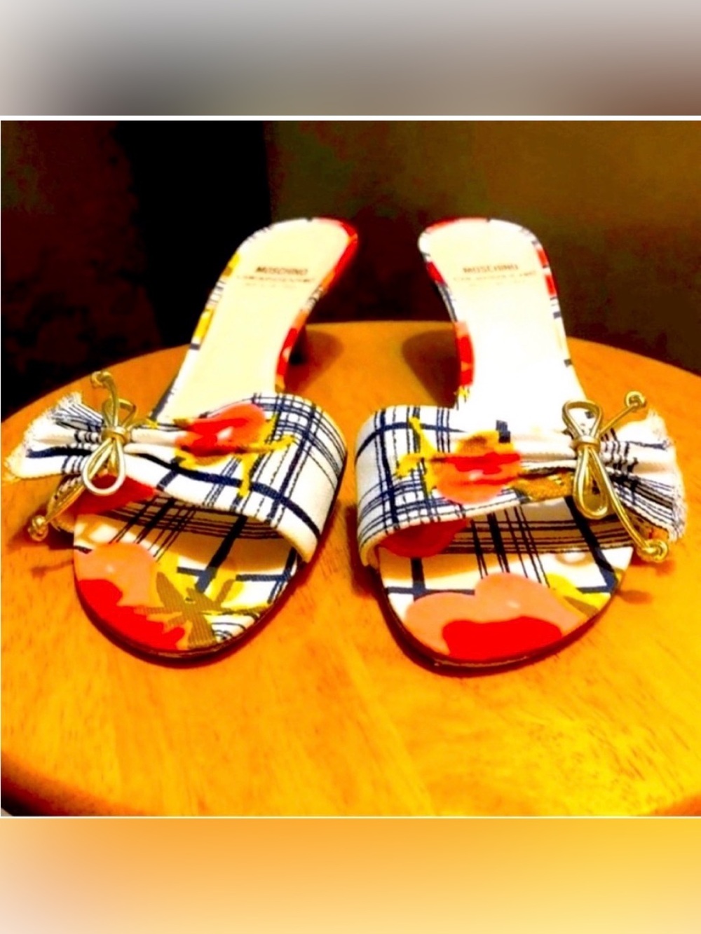 Moschino Floral Plaid Open-Toe Slide Mules in White, Red & Yellow